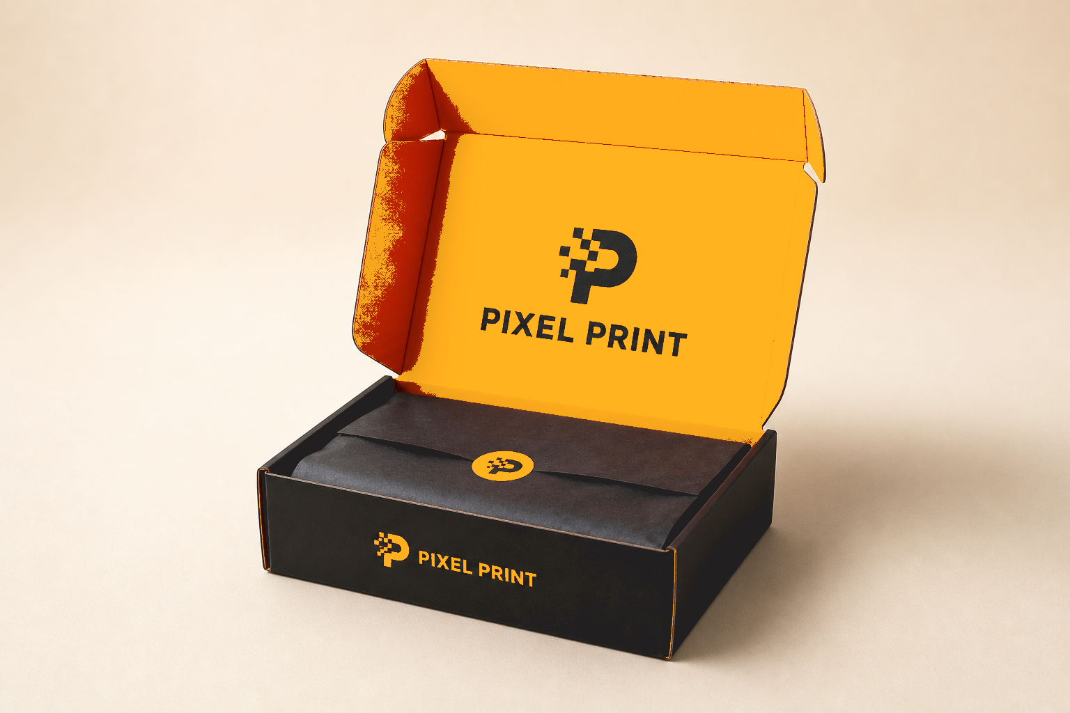 Open black and orange PixelPrint mailer box