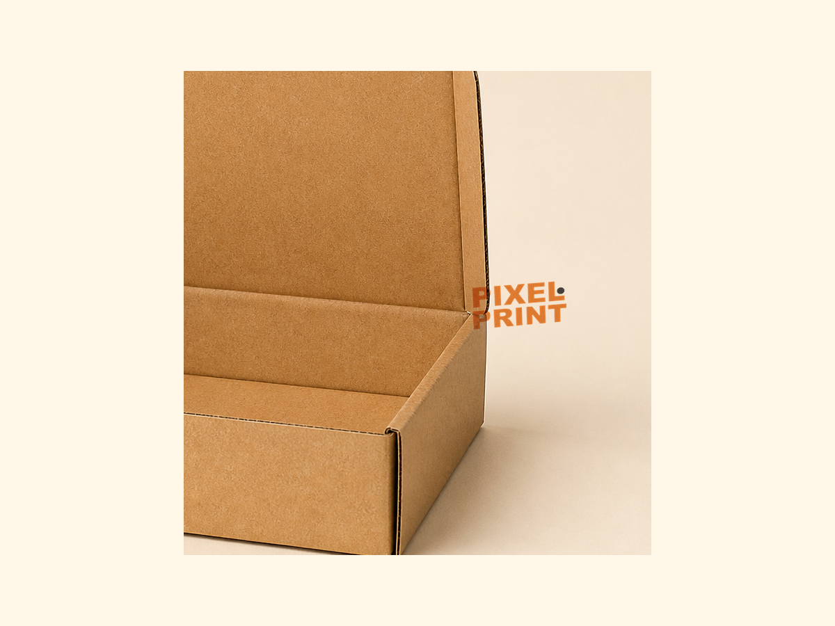 Printed mailer kraft box detail with restrained PixelPrint branding