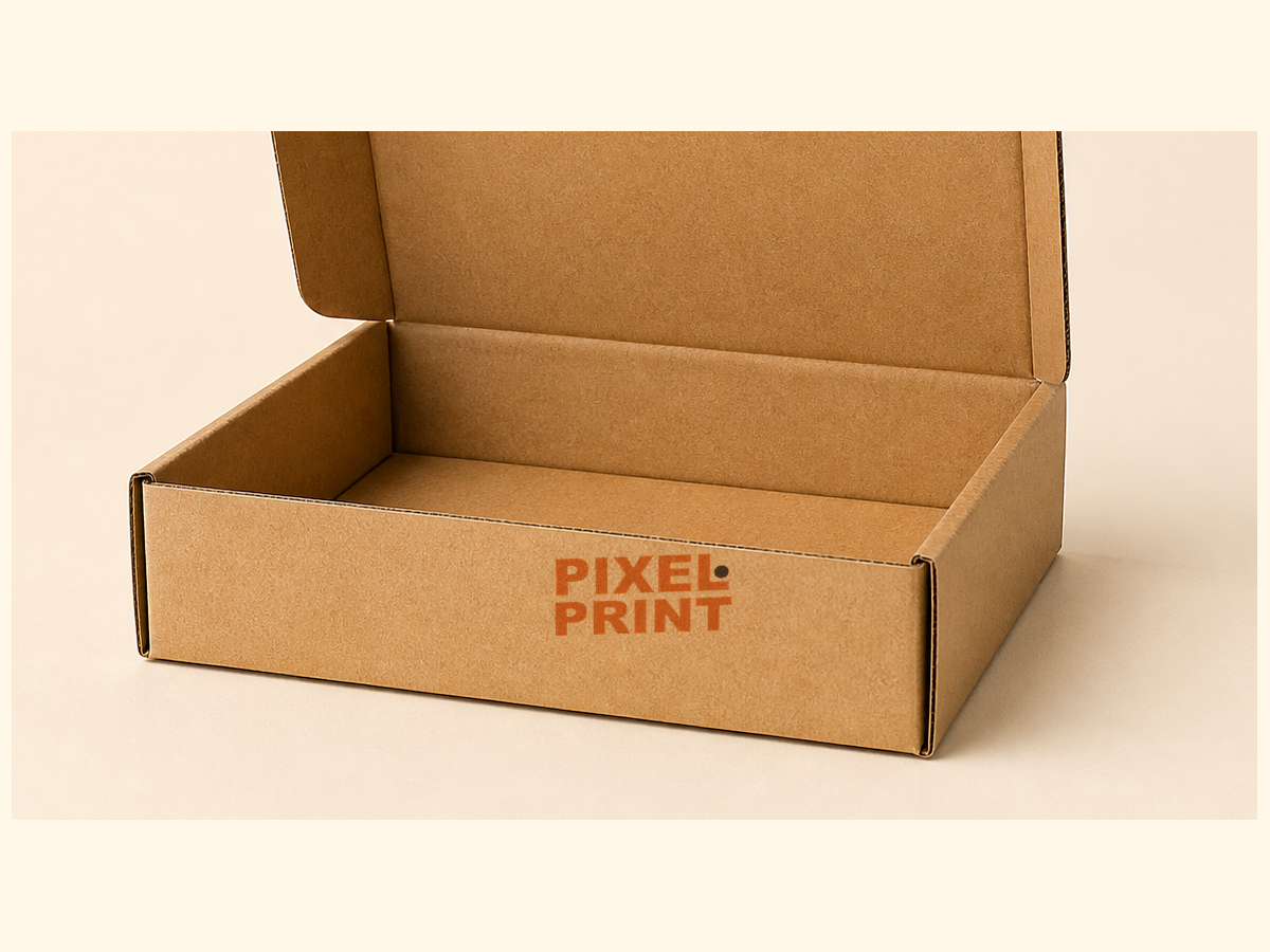 Printed front logo detail on PixelPrint mailer kraft box with restrained branding