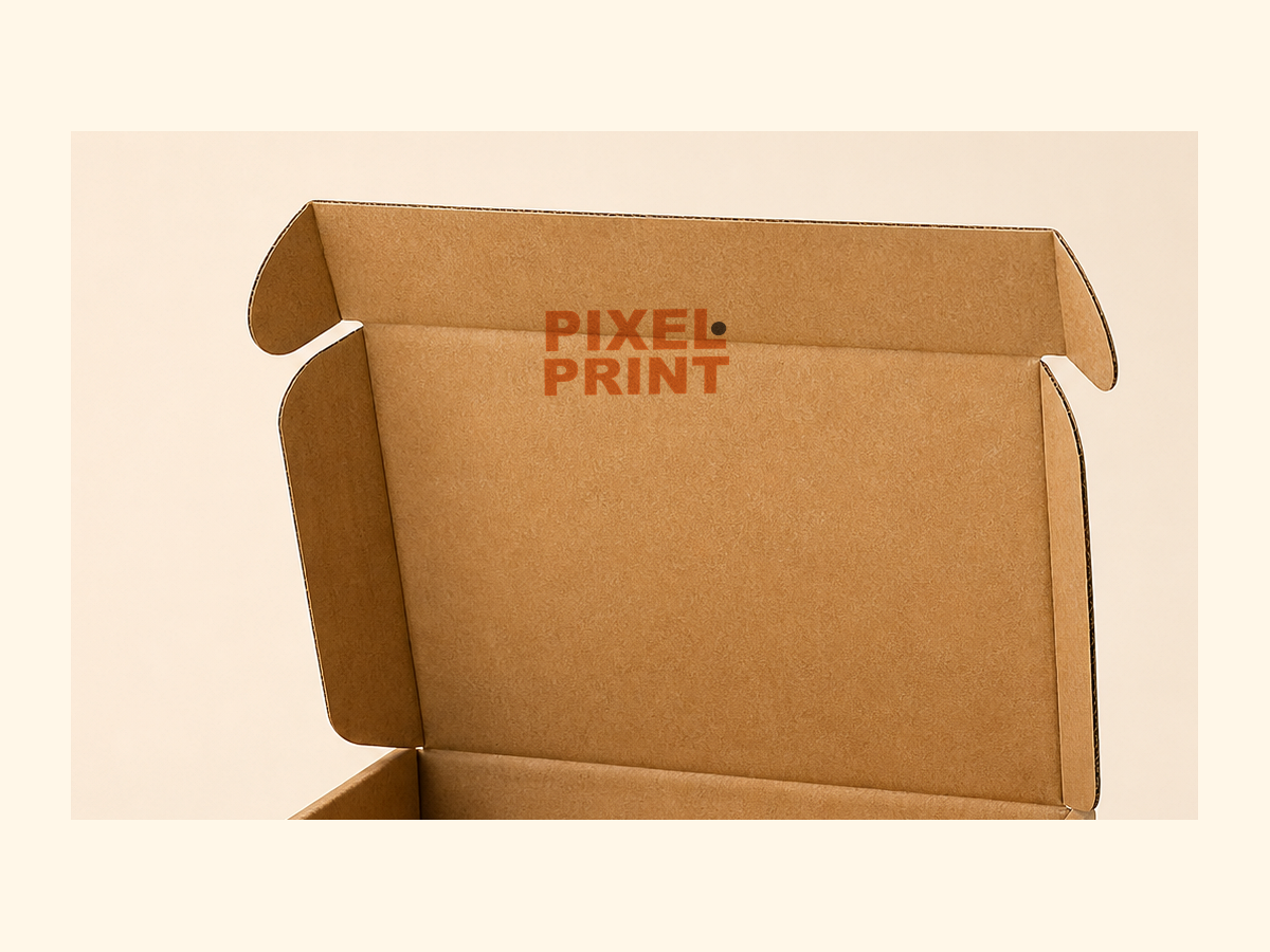 Printed inside detail of PixelPrint mailer kraft box with restrained branding